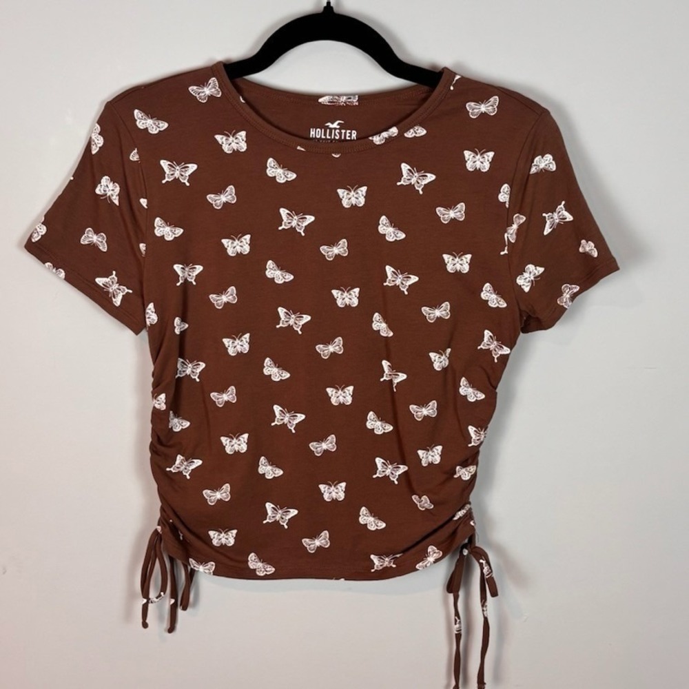 Hollister Womens Brown Butterfly Rouched sides Baby Crop Tee sz MED Y2K Fairy